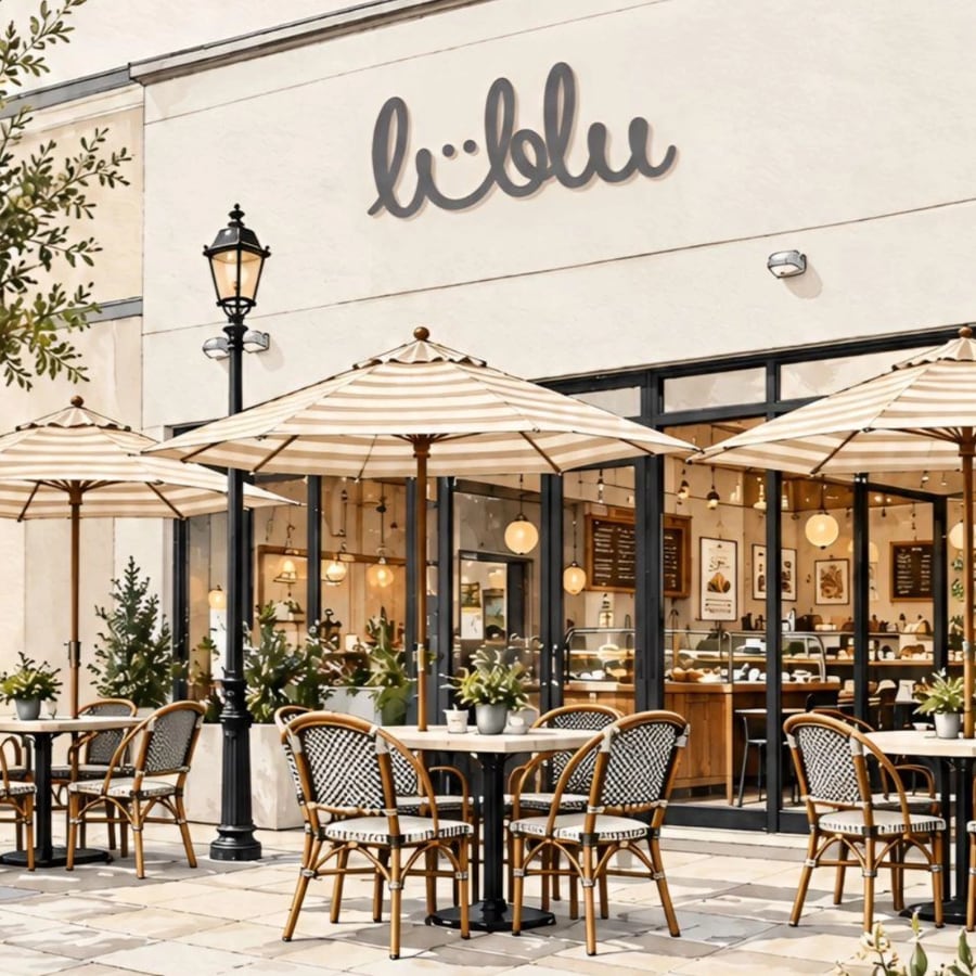The LuBlu Bakery & Cafe storefront in Boca Raton: the sign, a street lamp and striped umbrellas